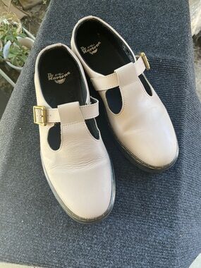 Dr. Martens Cream T-Strap Mary Jane Flats with Gold Buckles